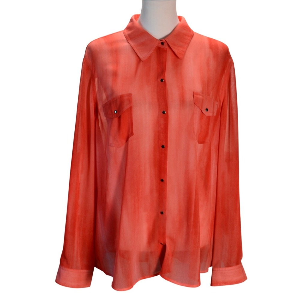 Chico's Size 3 Sheer Blouse Casual Work Travel Spring Coral Orange Snap Front XL